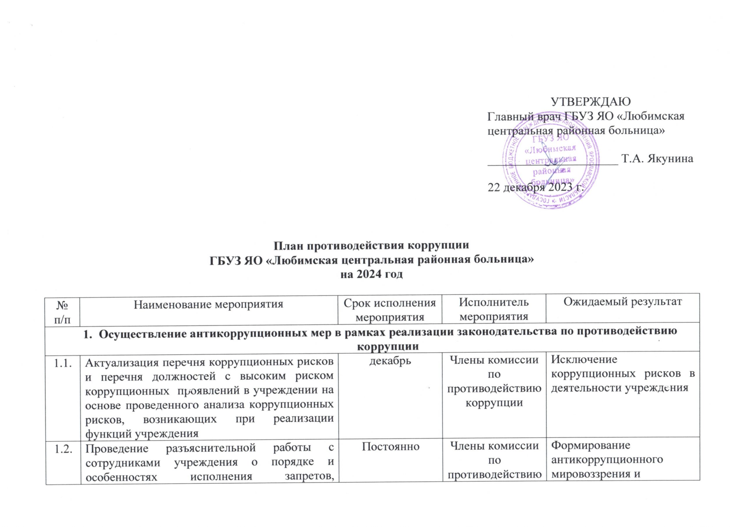 План мероприятий по противодействию коррупции в ГБУЗ ЯО «Любимская  центральная районная больница» на 2024 год | 